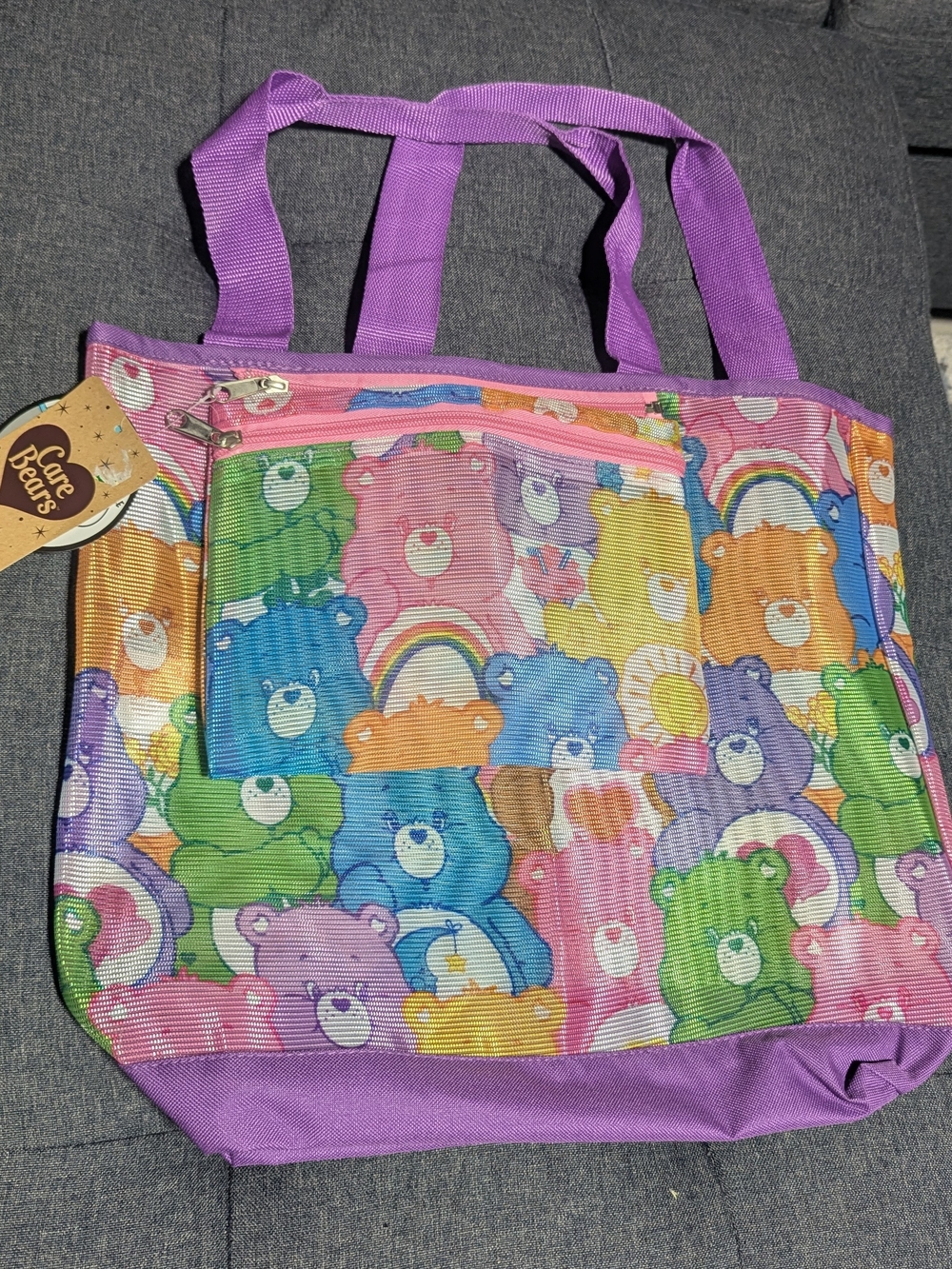 NWT Care Bears Vintage Style Mesh Beach Tote Bag & Zippered Pouch Set